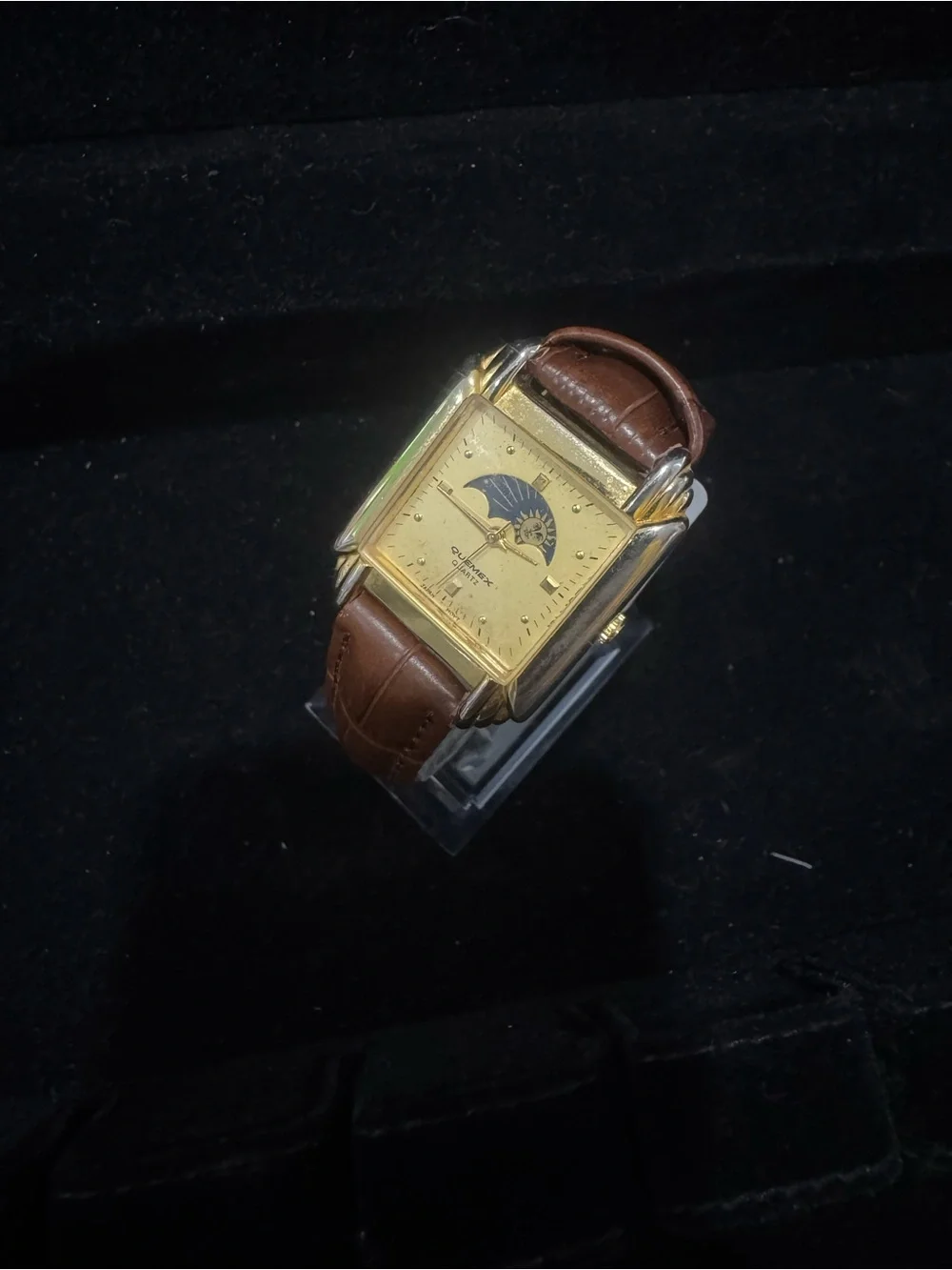 Quemex Square Gold-Tone Sun & Moon Dial Leather Strap Watch